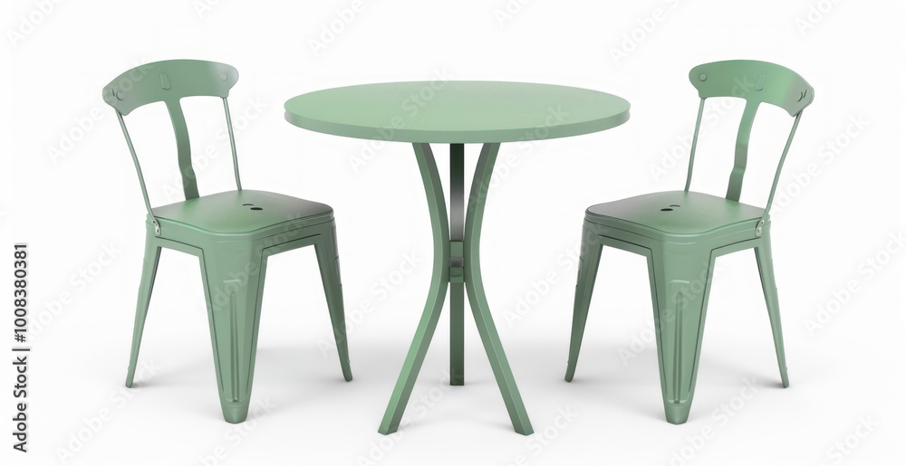 A modern retro dining table with two chairs isolated on a white background, featuring a retro design and colors. A modern retro dining table with two chairs isolated on a white background, featuring a retro design and colors.