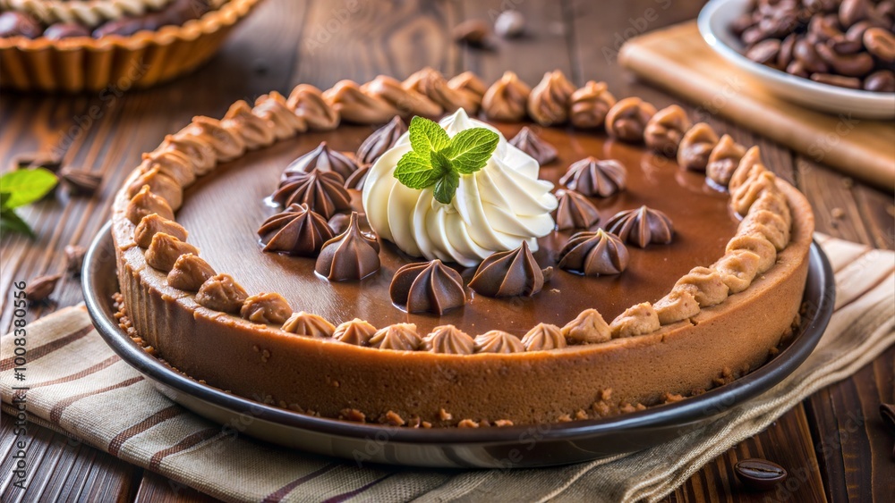 Delicious chocolate tart decorated with cream and mint on rustic wooden table Delicious chocolate tart decorated with cream and mint on rustic wooden table