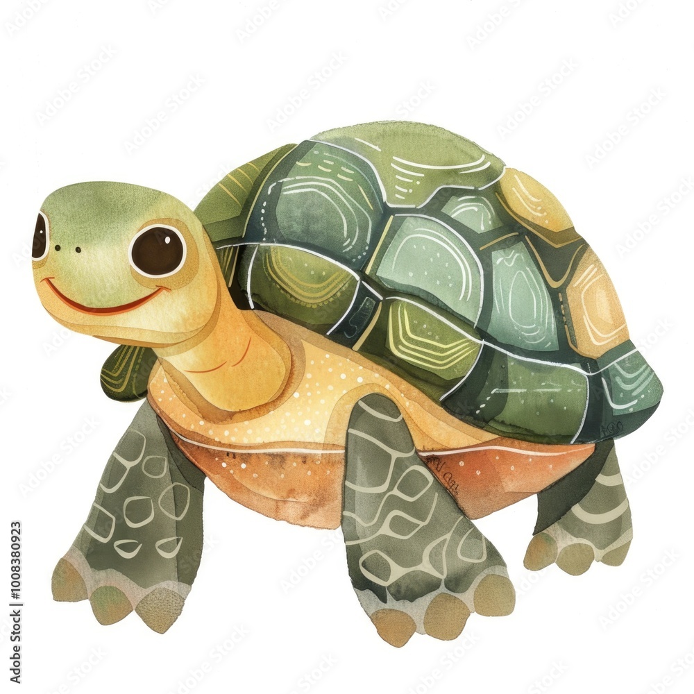 Fototapeta premium Watercolor Art of a Smiling Turtle with a Colorful Shell and Friendly Expression