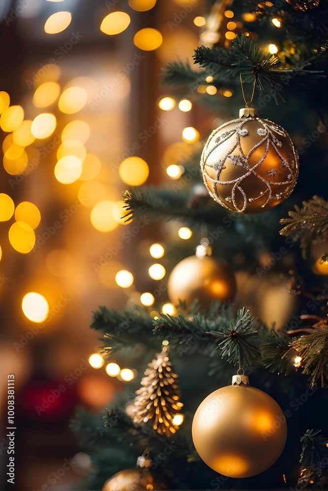 Golden Christmas ornament on tree with glowing lights, festive holiday background Golden Christmas ornament on tree with glowing lights, festive holiday background