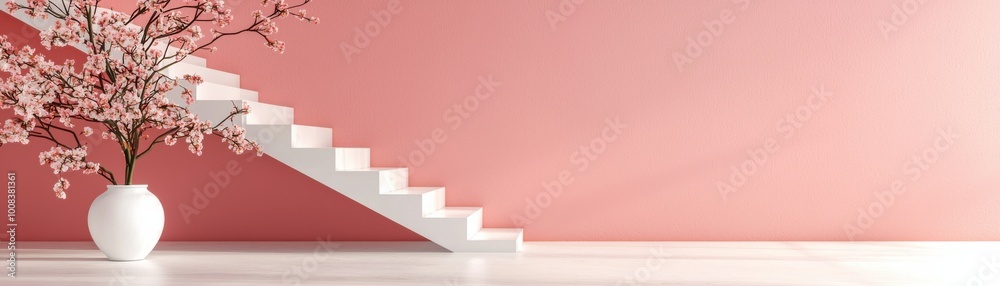 Obraz premium Modern staircase with vase and blossoming tree on a pink wall background.