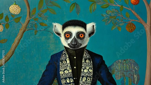 A painting of a man dressed in a suit and tie with a lemur on his face, 4k footage