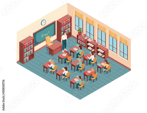 Detailed isometric classroom with desks, chairs, and a chalkboard. Cartoon characters design. Teaching process with adult teacher and students sitting at desks. Vector illustration