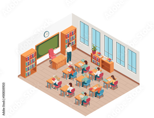 Detailed isometric classroom with desks, chairs, and a chalkboard. Cartoon characters design. Teaching process with adult teacher and students sitting at desks. Vector illustration