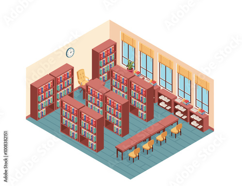 Isometric school library with bookshelves and desks, creating a cozy study area. Perfect for school or library-themed designs, educational content, or infographics. Vector illustration
