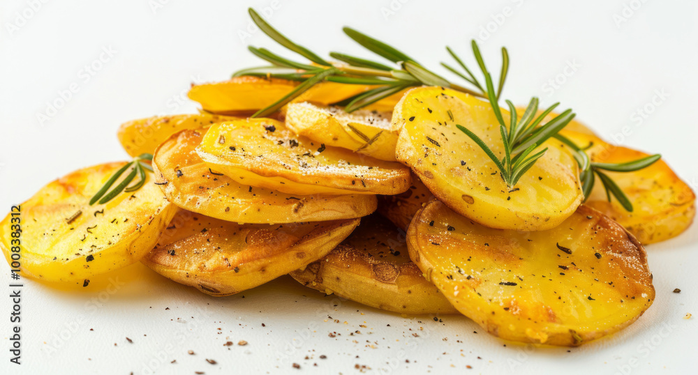 Fried potato slices with rosemary on a white background, with an aesthetic color palette and cinema-like lighting. Fried potato slices with rosemary on a white background, with an aesthetic color palette and cinema-like lighting.