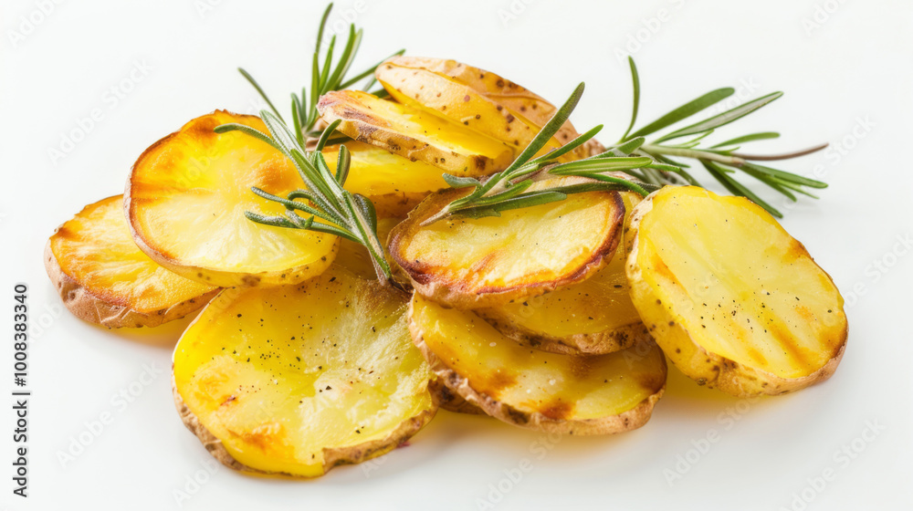 Fried potato slices with rosemary on a white background, with soft light and sharp focus. Fried potato slices with rosemary on a white background, with soft light and sharp focus.