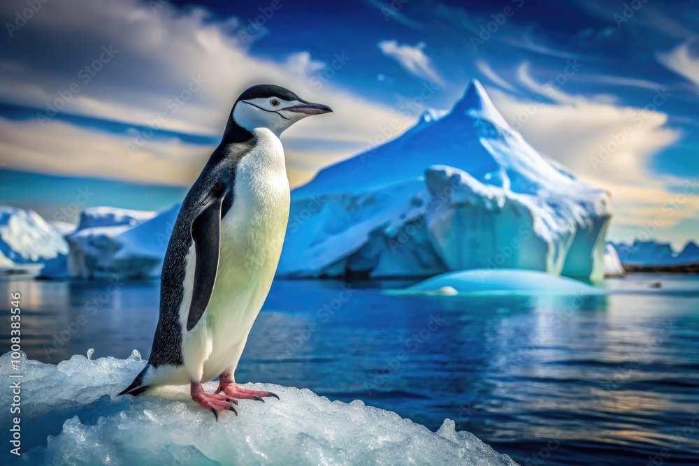 Fototapeta premium Charming Chinstrap Penguin in Natural Habitat on Antarctic Iceberg with Beautiful Ocean Background