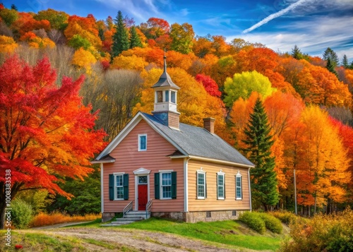 Charming Autumn Scene Featuring a Classic School House Surrounded by Colorful Fall Foliage