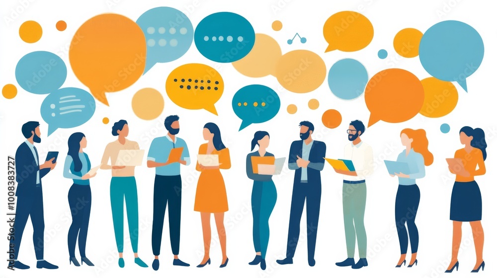 Diverse Group Engaging in Conversation with Speech Bubbles Diverse Group Engaging in Conversation with Speech Bubbles