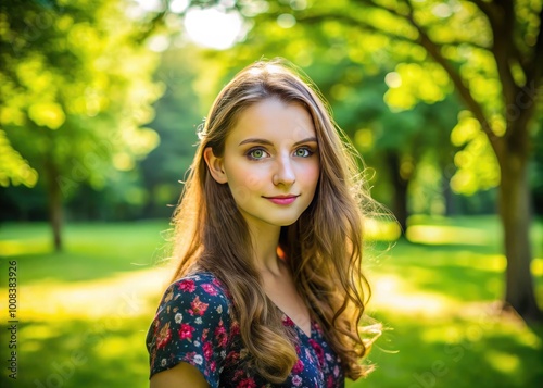 Charming English Girl with Natural Beauty Posing Outdoors in a Lush Green Park on a Sunny Day