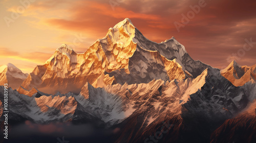 A breathtaking view of majestic snow-capped mountains during sunset, with warm golden light illuminating the peaks against a dramatic sky filled with clouds.