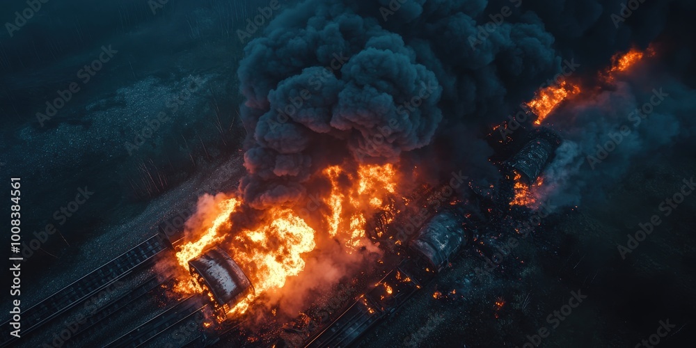 Train Derailment with Flames and Smoke, Aerial Disaster Scene
