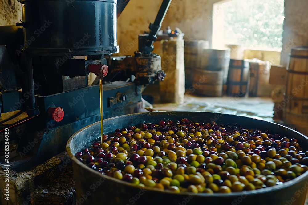 Fresh olives and olive oil with an oil press showcasing the traditional extraction process