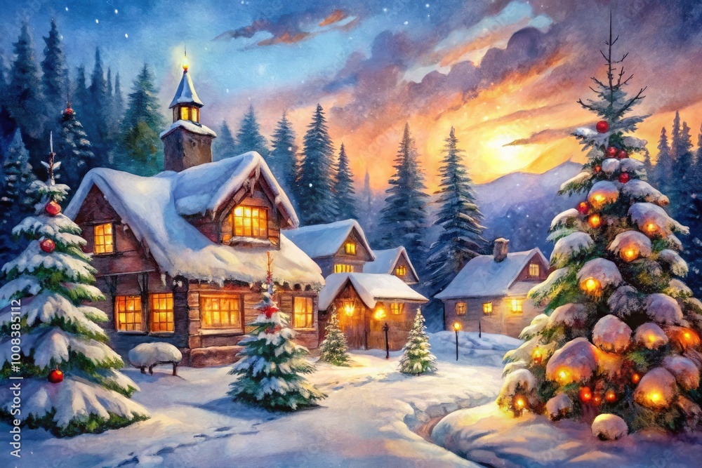 Fototapeta premium Charming Watercolor Christmas Scenes Featuring Snowy Landscapes, Festive Decor, and Warm Lights