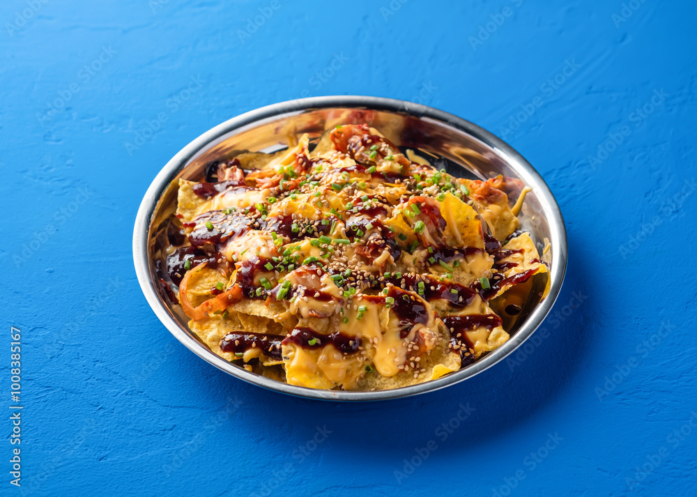 Loaded Fries Nachos with Kimchi, Chicken, Cheese, Sauce, sesame seeds and green onion served in plate isolated on blue background side view of fast food Loaded Fries Nachos with Kimchi, Chicken, Cheese, Sauce, sesame seeds and green onion served in plate isolated on blue background side view of fast food