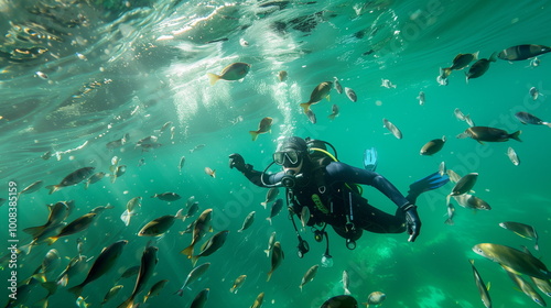 Underwater photo of a men snorkeling in the sea surrounded by fish and rays of light piercing through