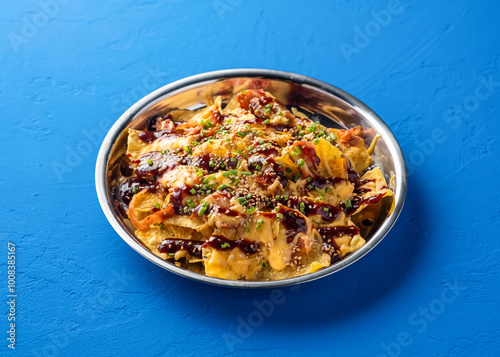 Loaded Fries Nachos with Kimchi, Chicken, Cheese, Sauce, sesame seeds and green onion served in plate isolated on blue background side view of fast food