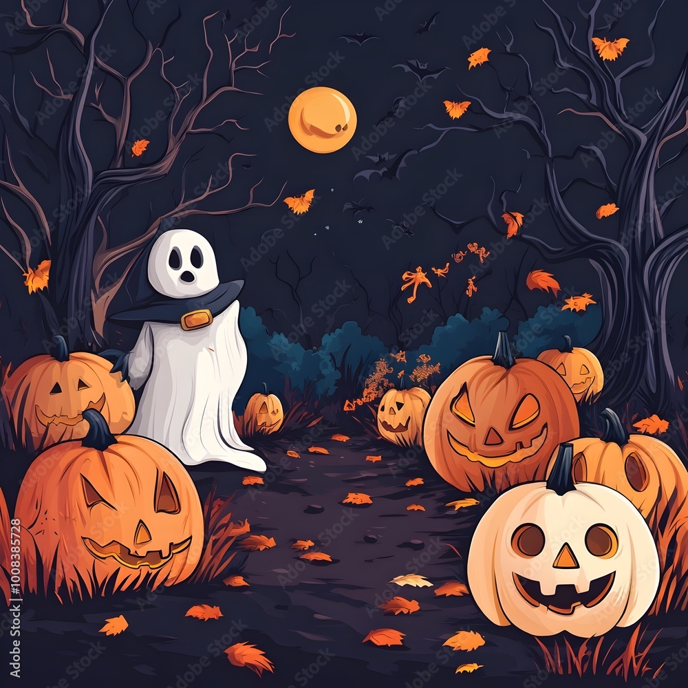 Fototapeta premium Enchanting Cartoon Halloween Scene with Pumpkins Ghosts and a Mystical Night Landscape