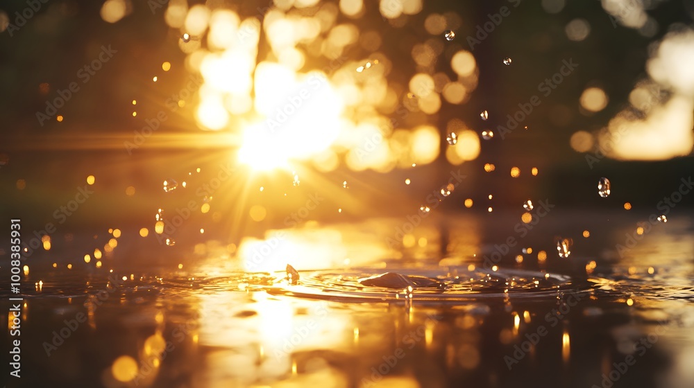 Realistic shot of heavy rain pouring down, creating splashes and reflections on the ground with golden light reflecting off wet surfaces. Realistic shot of heavy rain pouring down, creating splashes and reflections on the ground with golden light reflecting off wet surfaces.