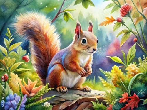 Charming Watercolor Painting of a Squirrel Surrounded by Nature and Vibrant Colors in Soft Hues