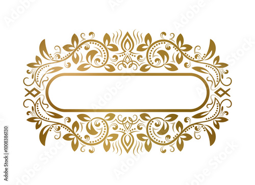 Golden decorative frame with floral ornament. Suitable for vintage card decoration, nameplate or cover design.