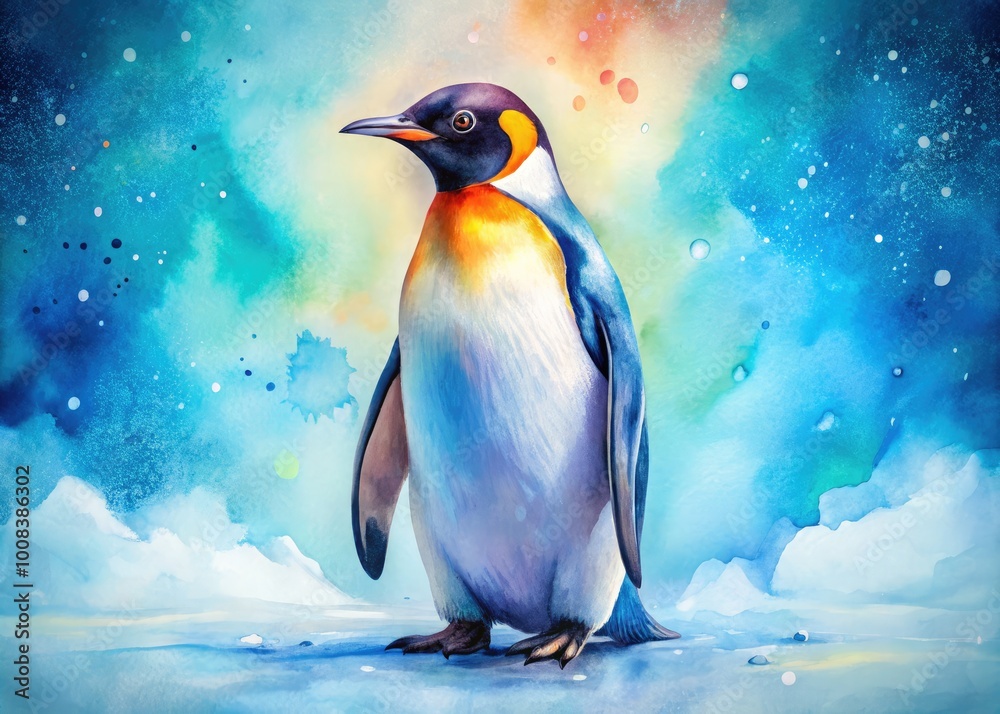 Fototapeta premium Charming Watercolor Penguin Illustration on a Soft Blue Background for Art and Decor Projects