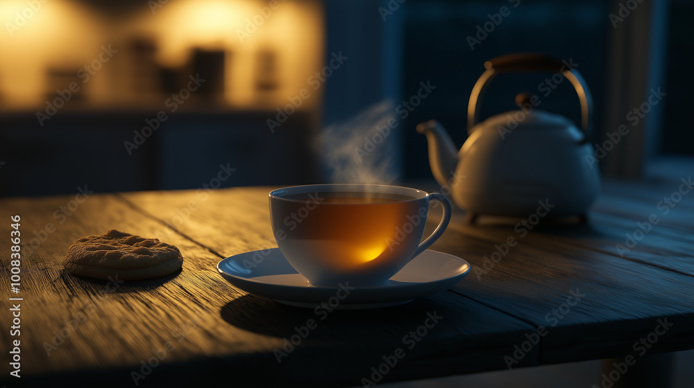 A cup of hot tea on a wooden table with a kettle A cup of hot tea on a wooden table with a kettle