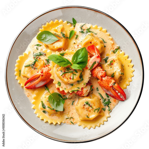 plate of Lobster ravioli pasta with creamy sauce top view isolated on transparent white background, clipping path