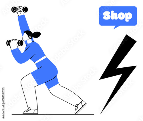 A woman in athletic wear lifts dumbbells with a lightning bolt symbol and a shop sign nearby. Ideal for fitness promotion, online stores, sports branding, energetic themes, and active lifestyles