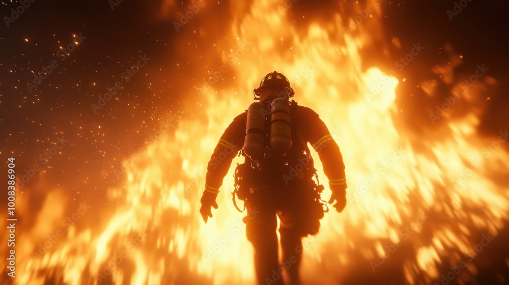Brave firefighter walking into flames, symbolizing courage in emergencies. Brave firefighter walking into flames, symbolizing courage in emergencies.