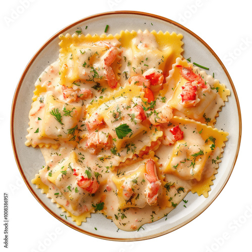 plate of Lobster ravioli pasta with creamy sauce top view isolated on transparent white background, clipping path