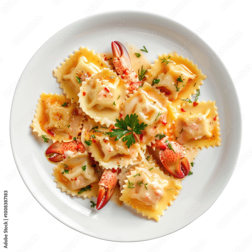 plate of Lobster ravioli pasta with creamy sauce top view isolated on transparent white background, clipping path