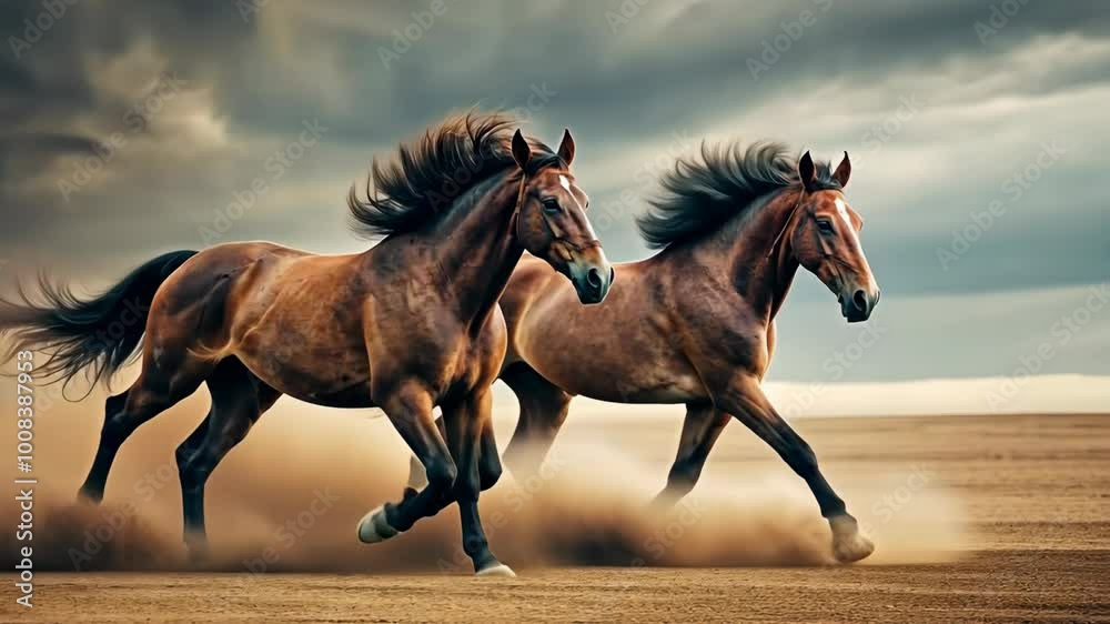 Dynamic wild horses galloping across the desert landscape under dramatic skies, 4k footage