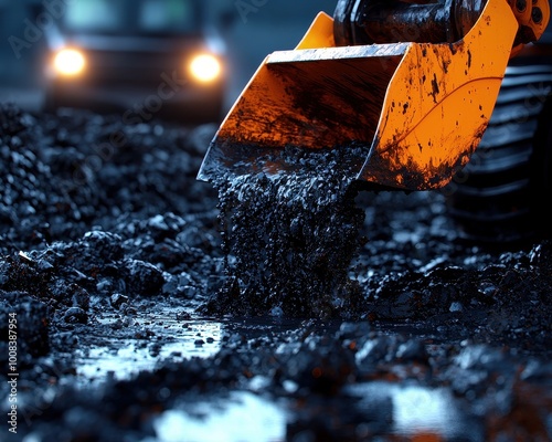 Heavy machinery excavating dirt in a construction site under dim lighting. photo