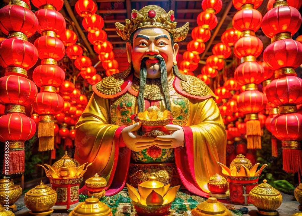 Fototapeta premium Chinese God of Wealth with Gold Ingots and Red Lanterns Symbolizing Prosperity and Abundance