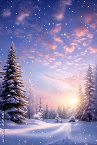 Snowy forest at sunrise with pink clouds and falling snow, perfect holiday postcard