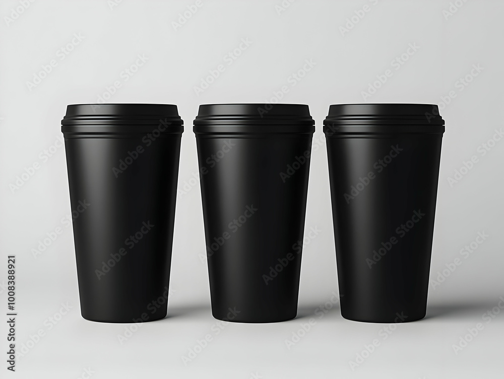 3D Render: Three Black Disposable Coffee Cups Mockup 3D Render: Three Black Disposable Coffee Cups Mockup