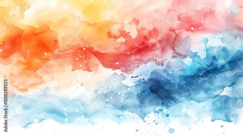 Abstract watercolor background with vibrant colors in shades of blue, red, orange and yellow.