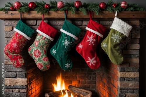 Christmas stockings on a chimney during a winter December night. Christmas season with family