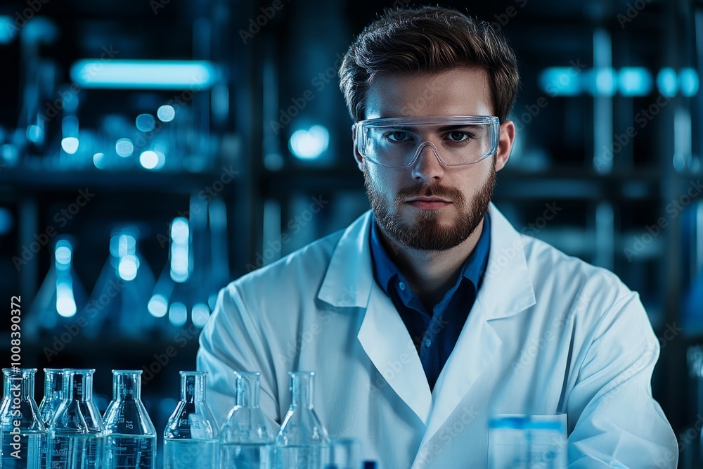 A focused scientist in a modern laboratory. He wears glasses and a white coat. The environment features glass flasks. This image captures research and discovery. Generative AI A focused scientist in a modern laboratory. He wears glasses and a white coat. The environment features glass flasks. This image captures research and discovery. Generative AI