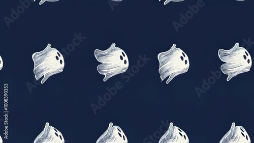 Seamless Halloween pattern with flying spooky ghosts on a deep blue background