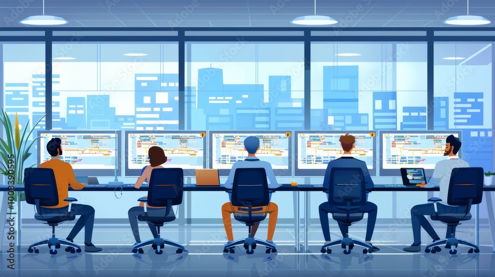 IT professionals working in a modern office, surrounded by multiple computer screens displaying code and network diagrams cartoon Vector Illustration IT professionals working in a modern office, surrounded by multiple computer screens displaying code and network diagrams cartoon Vector Illustration