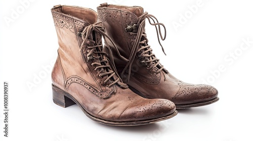 Brown Leather Boots with Lace-up Detail and Perforated Design