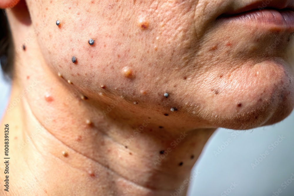 Close-up Image of Blackheads on Neck Skin with a Focus on Pore Clogging and Skincare Issues Close-up Image of Blackheads on Neck Skin with a Focus on Pore Clogging and Skincare Issues