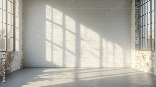 Sunlit Empty Room 3D Illustration: White Brick Wall, Concrete Floor, Windows