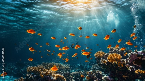 A vibrant coral reef with a school of fish swimming through the clear, sunlit water.