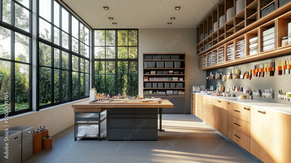 A modern, minimalist craft room with ample natural light, a large worktable, and wall-mounted storage for supplies A modern, minimalist craft room with ample natural light, a large worktable, and wall-mounted storage for supplies