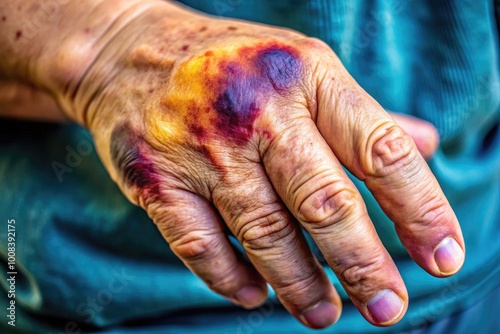 Close-up of a bruised palm with visible discoloration and swelling on skin surface, healthcare concept photo