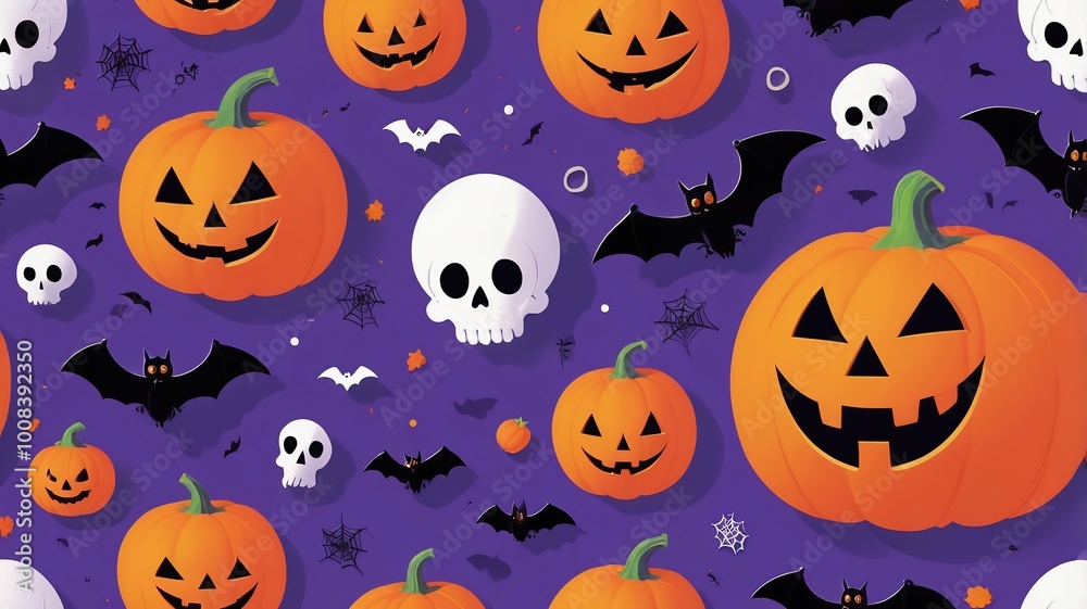 Fototapeta premium Halloween theme, featuring a seamless pattern layout. The background is purple with jack-o'-lanterns with carved faces. Interspersed among the pumpkins are bats, spider webs, and ghosts.
